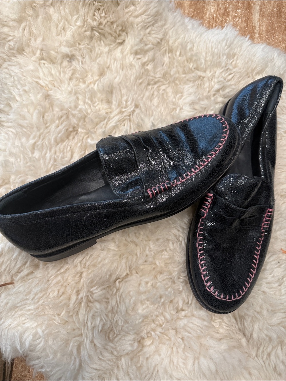 Free People Black Slip-On Loafers with Pink Stitching